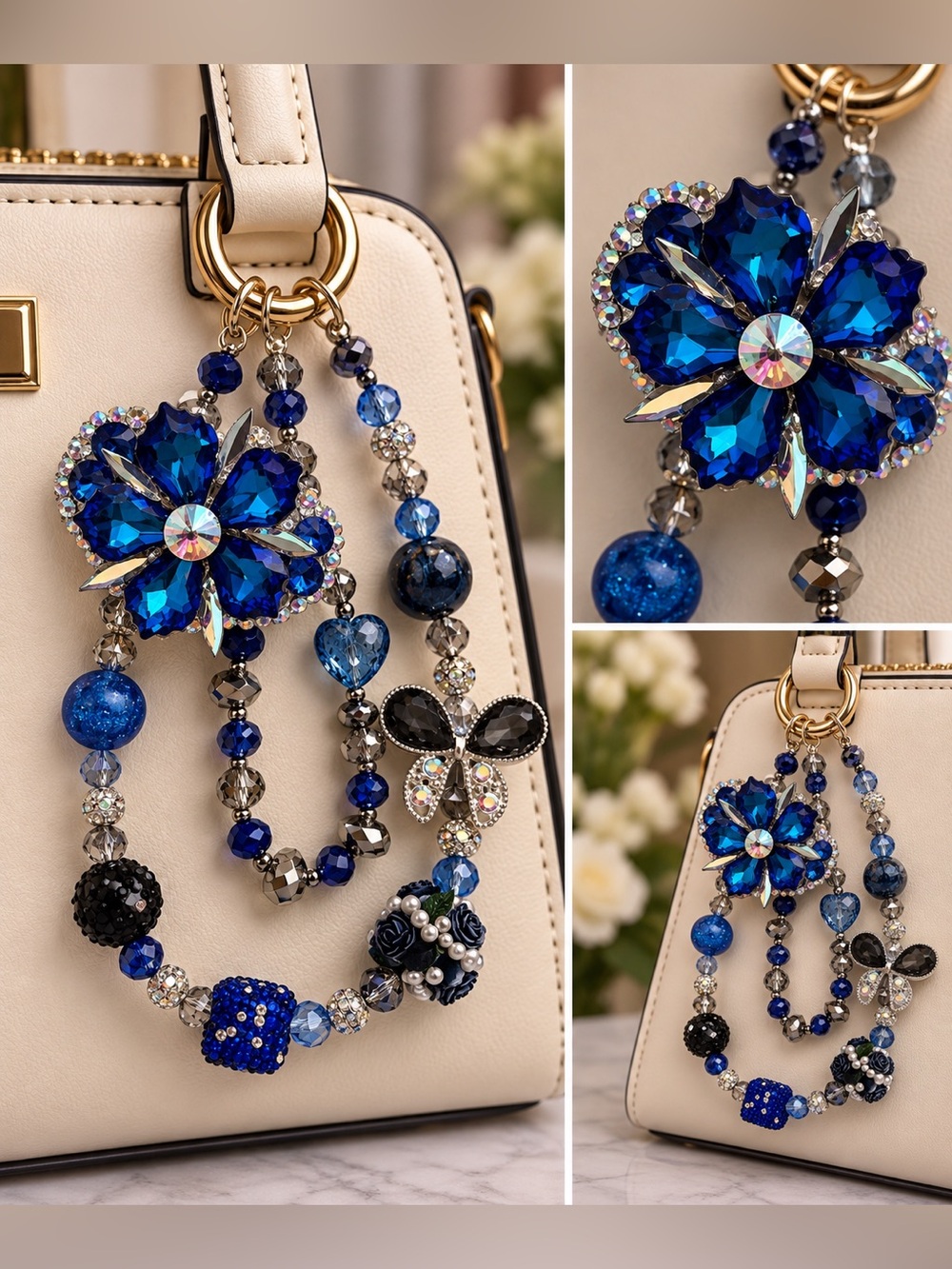 Crystal Floral Heart Blue Bag Charm Necklace keyring new